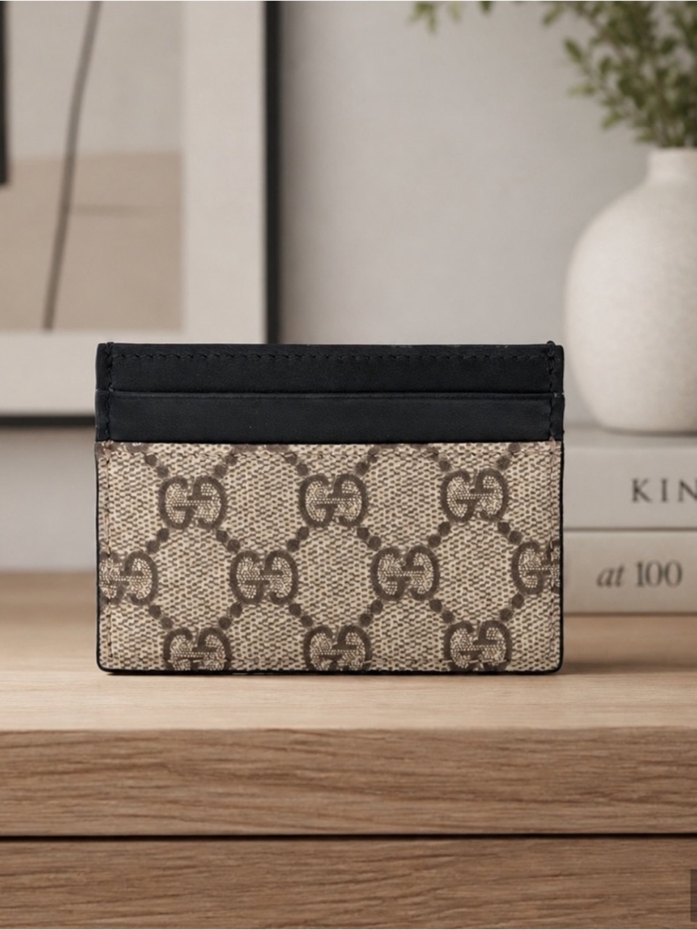 Gucci Beige Brown GG Supreme Canvas slim  Card Holder with Black Trim w box